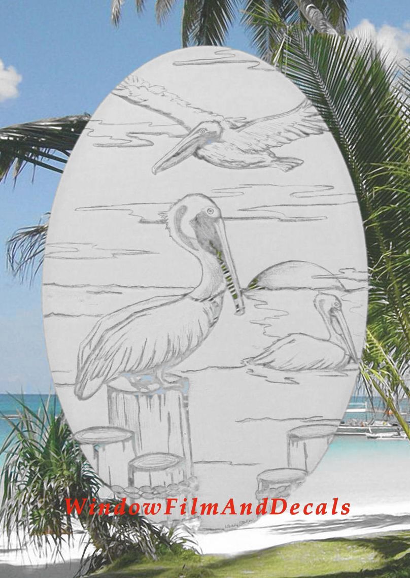 Pelican Scene Oval Static Cling Window Decal - White w/Clear Design