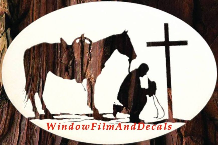 Praying Cowboy Oval Static Cling Window Decal 12" x 8" - White with Clear Design