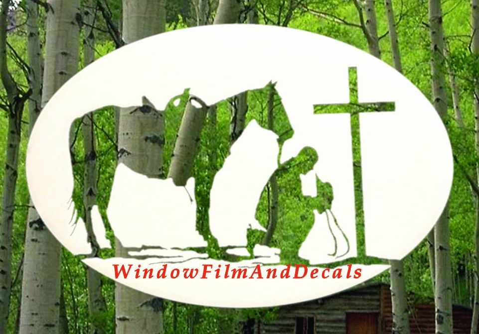 Praying Cowboy Oval Static Cling Window Decal 12" x 8" - White with Clear Design