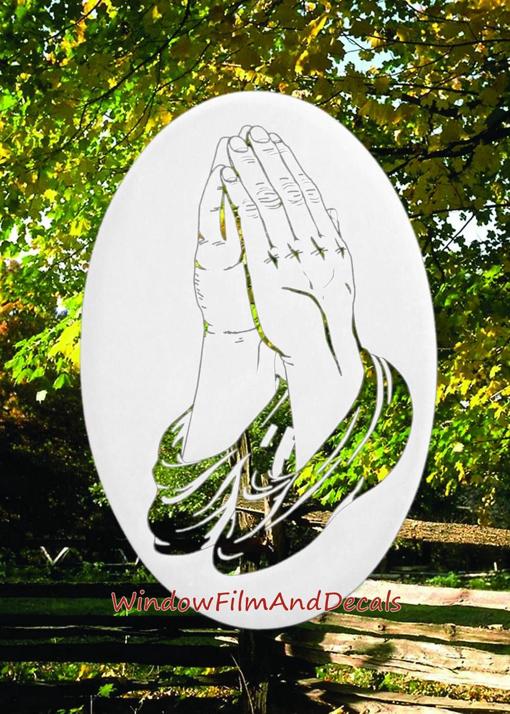 Praying Hands Oval Static Cling Window Decal - White w/ Clear Design