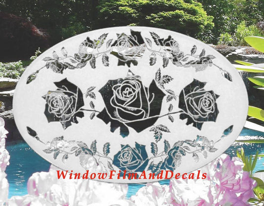 Rose Garland Oval Static Cling Window Decal - White with Clear Design