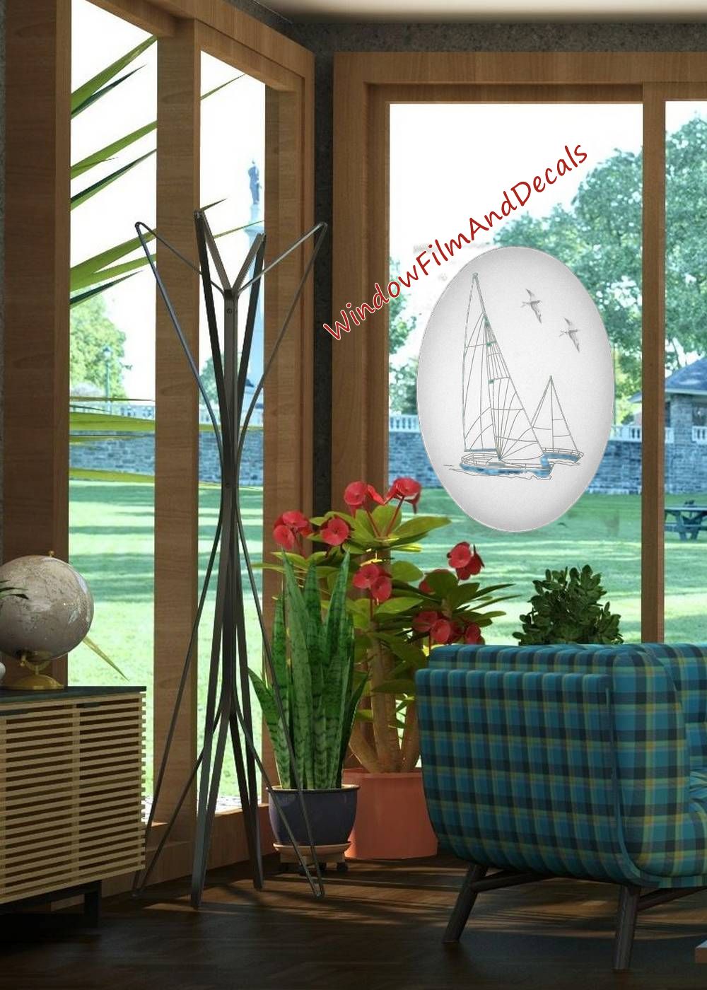 Sailboat Oval Static Cling Window Decal - White w/ Clear Design
