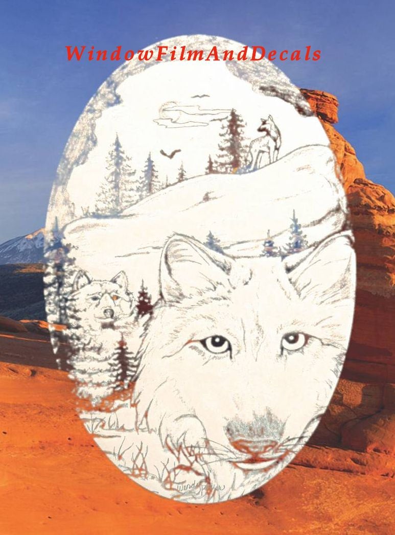 Wolf Scene Oval Static Cling Window Decal - White w/Clear Design