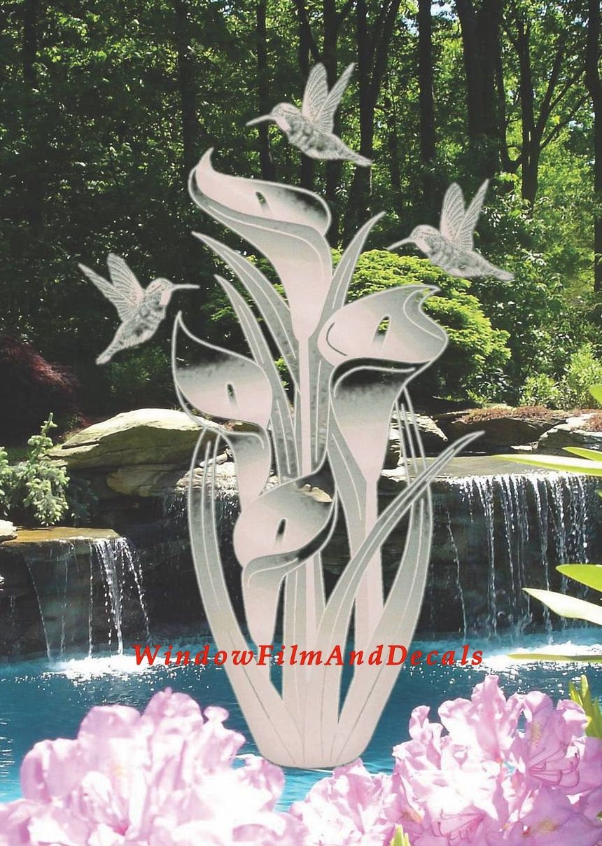 Lilies and Hummingbirds Oval Static Cling Window Decal - Clear w/ White Design