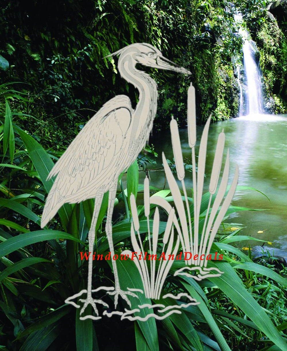 Egret & Cattails Left Oval Static Cling Window Decal - (Rev) Clear w/White Design