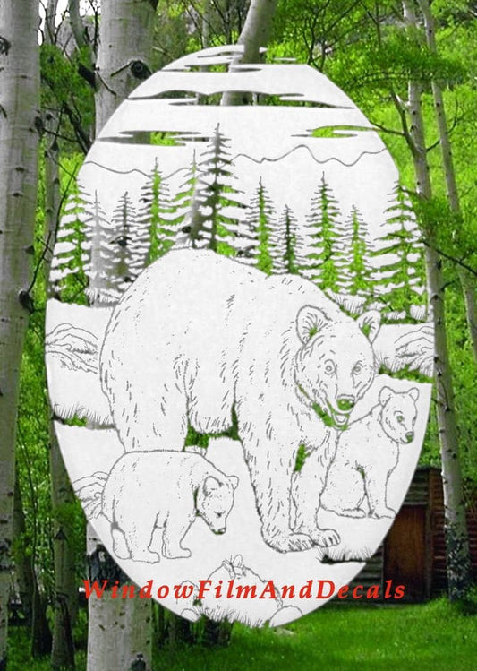 Bear Scene Oval Static Cling Window Decal - White w/Clear Design
