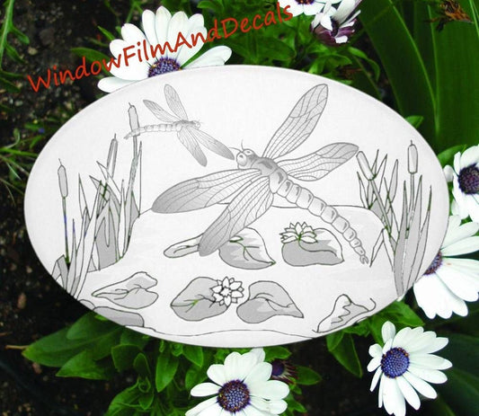 Dragonfly Scene Oval Static Cling Window Decal - White w/Clear Design